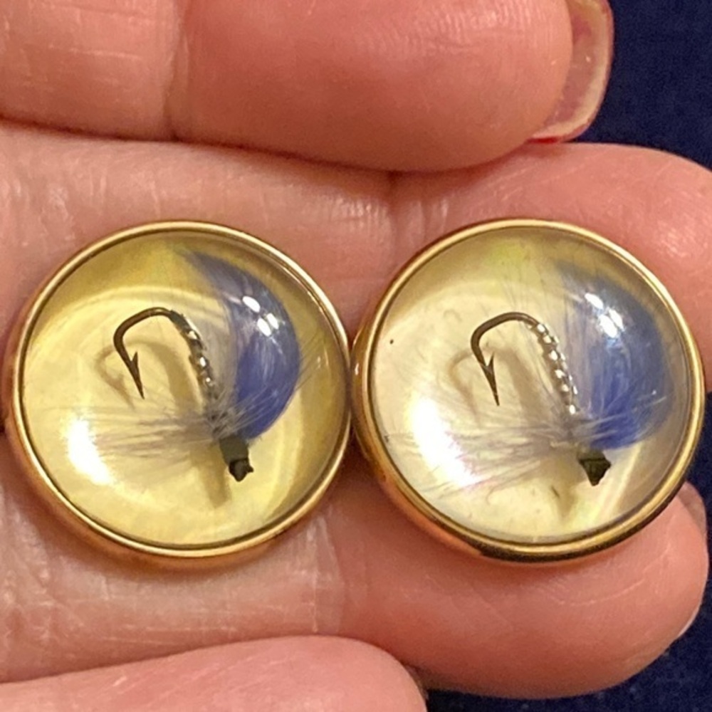 Vintage Krementz patented fishing lure under domed lucite cuff links